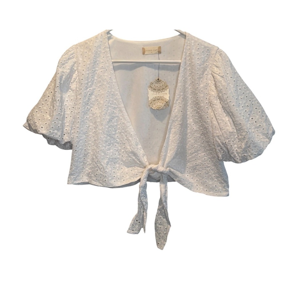Altar'd State Womens White Crop Eyelet Tie Front Puff Sleeve Top M NEW Coastal